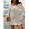 image:imageMakeMeChic Womens Crochet Cover Up Dress Hollow Out Cutout Back Bell Sleeve Beach DressesBeige