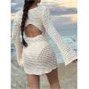 image:imageMakeMeChic Womens Crochet Cover Up Dress Hollow Out Cutout Back Bell Sleeve Beach DressesBeige