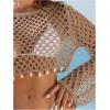 image:imageMakeMeChic Womens Crochet Cover Up Top Hollow Out Long Sleeve Swimsuit CoverupMocha Brown