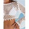 image:imageMakeMeChic Womens Crochet Cover Up Top Hollow Out Long Sleeve Swimsuit CoverupWhite