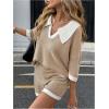 image:imageMakeMeChic Womens Fall 2 Piece Knit Outfits Collar V Neck Half Sleeve Sweater and Shorts Matching SetKhaki