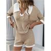 image:imageMakeMeChic Womens Fall 2 Piece Knit Outfits Collar V Neck Half Sleeve Sweater and Shorts Matching SetKhaki