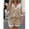 image:imageMakeMeChic Womens Fall 2 Piece Knit Outfits Collar V Neck Half Sleeve Sweater and Shorts Matching SetKhaki