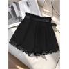 image:imageMakeMeChic Womens Lace Trim Belted Mini Shorts Pleated Ruffle High Waisted Y2K ShortsBlack