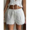 image:imageMakeMeChic Womens Lace Trim Wide Leg Shorts Drawstring Waist Embroidery Boho Vacation ShortsWhite