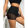 image:imageMakeMeChic Womens Rhinestone Micro Shorts Contrast Mesh Elastic Waisted Party Mini ShortsBlack