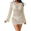 image:imageMakeMeChic Womens Crochet Cover Up Dress Hollow Out Cutout Back Bell Sleeve Beach DressesBeige
