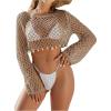 image:imageMakeMeChic Womens Crochet Cover Up Top Hollow Out Long Sleeve Swimsuit CoverupMocha Brown