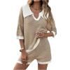 image:imageMakeMeChic Womens Fall 2 Piece Knit Outfits Collar V Neck Half Sleeve Sweater and Shorts Matching SetKhaki