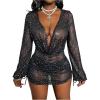 image:imageMakeMeChic Womens Swimsuit Cover Ups Sequin Sheer Mini Dress Coverup Sparkly Mesh Deep V Neck CoverupsBlack