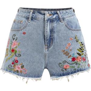 image:imageMAKEMECHIC Womens Floral Jean Shorts High Waist Embroidery Raw Hem Denim ShortBlue