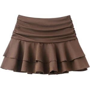 image:imageMAKEMECHIC Womens Summer A Line Ruffle Tiered Skirt Shorts Zip Up Ruched Y2K SkortsBrown