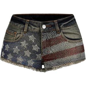 image:imageMakeMeChic Womens 4th of July Denim Shorts Sequin Sparkly Low Waist Raw Hem Cowgirl JortsBlue