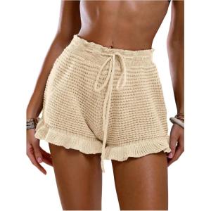 image:imageMakeMeChic Womens Beach Vacation Crochet Cover Up Shorts Drawstring Ruffle Swimsuit CoverupsApricot