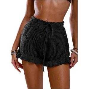 image:imageMakeMeChic Womens Beach Vacation Crochet Cover Up Shorts Drawstring Ruffle Swimsuit CoverupsBlack