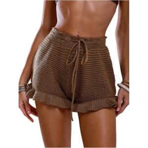 image:imageMakeMeChic Womens Beach Vacation Crochet Cover Up Shorts Drawstring Ruffle Swimsuit CoverupsBrown