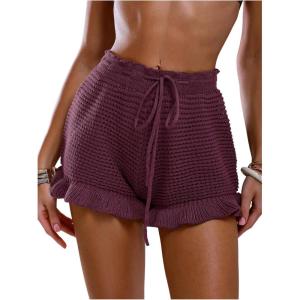 image:imageMakeMeChic Womens Beach Vacation Crochet Cover Up Shorts Drawstring Ruffle Swimsuit CoverupsBurgundy