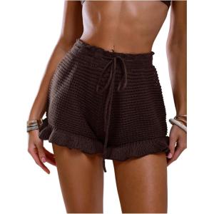image:imageMakeMeChic Womens Beach Vacation Crochet Cover Up Shorts Drawstring Ruffle Swimsuit CoverupsChocolate Brown