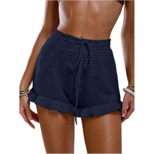 image:imageMakeMeChic Womens Beach Vacation Crochet Cover Up Shorts Drawstring Ruffle Swimsuit CoverupsDark Blue