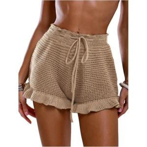 image:imageMakeMeChic Womens Beach Vacation Crochet Cover Up Shorts Drawstring Ruffle Swimsuit CoverupsKhaki