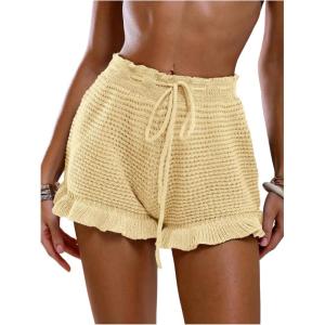 image:imageMakeMeChic Womens Beach Vacation Crochet Cover Up Shorts Drawstring Ruffle Swimsuit CoverupsLight Yellow