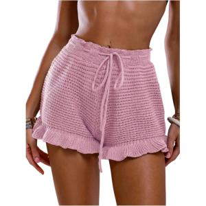 image:imageMakeMeChic Womens Beach Vacation Crochet Cover Up Shorts Drawstring Ruffle Swimsuit CoverupsPink