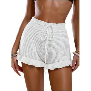 image:imageMakeMeChic Womens Beach Vacation Crochet Cover Up Shorts Drawstring Ruffle Swimsuit CoverupsWhite