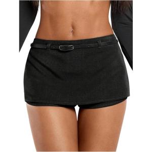 image:imageMakeMeChic Womens Black Skirt with Shorts Y2K Mini Shorts Belted Low Waisted Micro SkortsBlack