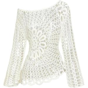 image:imageMakeMeChic Womens Boho Tops Crochet Sweater Long Sleeve Asymmetrical Knit Beach Cover UpWhite