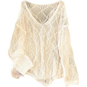 image:imageMakeMeChic Womens Boho Tops Crochet Sweater Swimsuit Beach Coverups Vacation Outfits Resort WearApricot