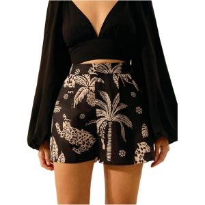 image:imageMakeMeChic Womens Boho Tropical Print Shorts Wide Leg High Waisted Beach ShortsBlack Leopard