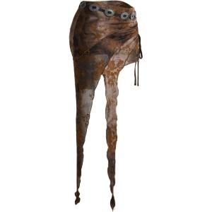 image:imageMakeMeChic Womens Brown Mini Skirt Y2K Asymmetrical Floral Tiered Ruched Lettuce Trim Cowgirl Vintage SkortsBrown