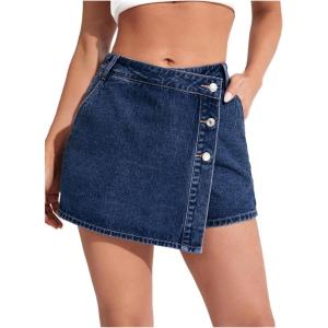image:imageMakeMeChic Womens Casual High Waisted Button Front Denim Skort Asymmetrical Hem Jean Skirt ShortsDark Wash