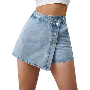 image:imageMakeMeChic Womens Casual High Waisted Button Front Denim Skort Asymmetrical Hem Jean Skirt ShortsLight Wash B