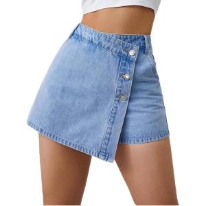 image:imageMakeMeChic Womens Casual High Waisted Button Front Denim Skort Asymmetrical Hem Jean Skirt ShortsLight Wash a