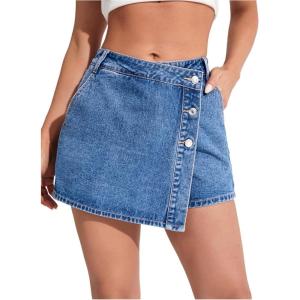 image:imageMakeMeChic Womens Casual High Waisted Button Front Denim Skort Asymmetrical Hem Jean Skirt ShortsMedium Wash