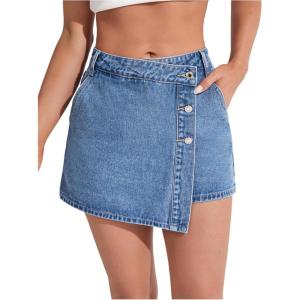 image:imageMakeMeChic Womens Casual High Waisted Button Front Denim Skort Asymmetrical Hem Jean Skirt ShortsMedium Wash B