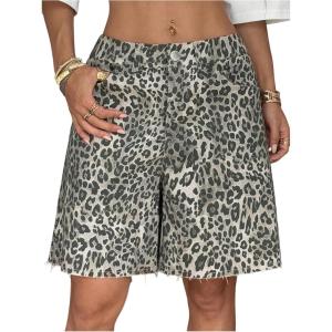image:imageMakeMeChic Womens Cheetah Print Wide Leg Bermuda Shorts Low Waist Raw Hem Y2k ShortsBrown