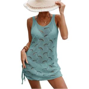 image:imageMakeMeChic Womens Crochet Beach Cover Ups Dress Open Back Drawstring Swimsuit Bathing Suit Cover UpMint Green