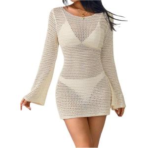 image:imageMakeMeChic Womens Crochet Cover Up Dress Hollow Out Cutout Back Bell Sleeve Beach DressesBeige