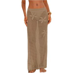 image:imageMakeMeChic Womens Crochet Cover Up Long Skirt 3D Floral Split Hollow Out Beach Summer SwimwearApricot