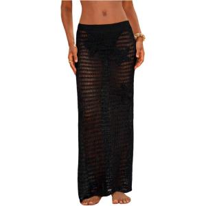image:imageMakeMeChic Womens Crochet Cover Up Long Skirt 3D Floral Split Hollow Out Beach Summer SwimwearBlack