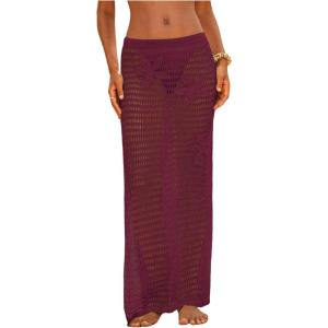 image:imageMakeMeChic Womens Crochet Cover Up Long Skirt 3D Floral Split Hollow Out Beach Summer SwimwearMaroon