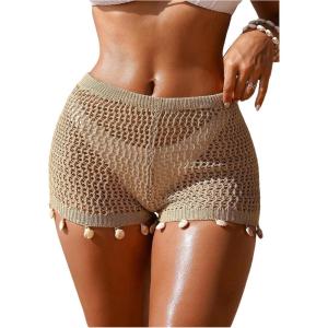 image:imageMakeMeChic Womens Crochet Cover Up Shorts Sheer Hollow Out Beach Short Bathing SuitKhaki