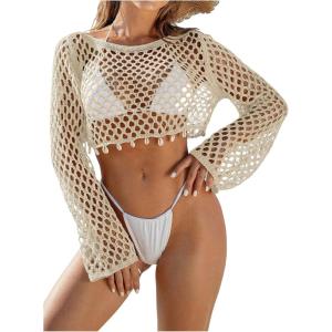 image:imageMakeMeChic Womens Crochet Cover Up Top Hollow Out Long Sleeve Swimsuit CoverupApricot