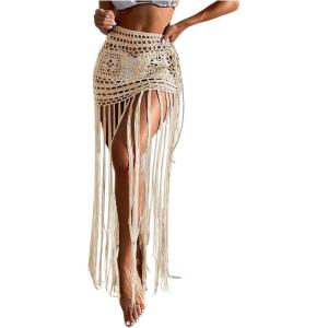 image:imageMakeMeChic Womens Crochet Fringe Swimsuit Coverup Skirt Elastic Waist Summer Beach Cover UpsApricot
