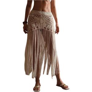 image:imageMakeMeChic Womens Crochet Fringe Swimsuit Coverup Skirt Elastic Waist Summer Beach Cover UpsBeige