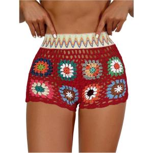image:imageMakeMeChic Womens Crochet Swim Cover Up Shorts Sheer Hollow Out Summer Shorts Beach Vacation OutfitsRed