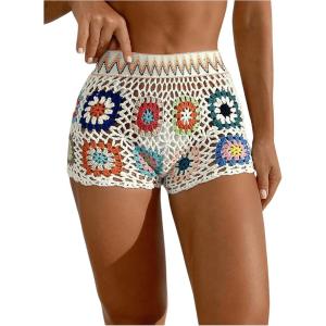 image:imageMakeMeChic Womens Crochet Swim Cover Up Shorts Sheer Hollow Out Summer Shorts Beach Vacation OutfitsWhite
