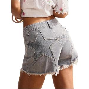 image:imageMakeMeChic Womens Denim Shorts with Star Pattern High Waist Raw Hem Jean ShortsGrey